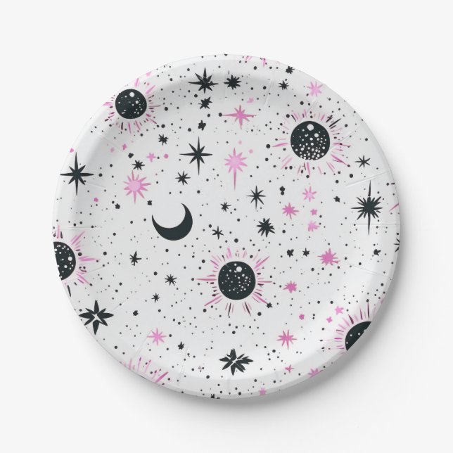Plato De Papel Sol Luna Estrellas Celestiales Negro y Rosa (Anverso)