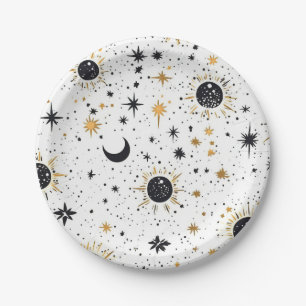 Plato De Papel Sol Luna y Estrellas Celestiales de Negro y Dorado