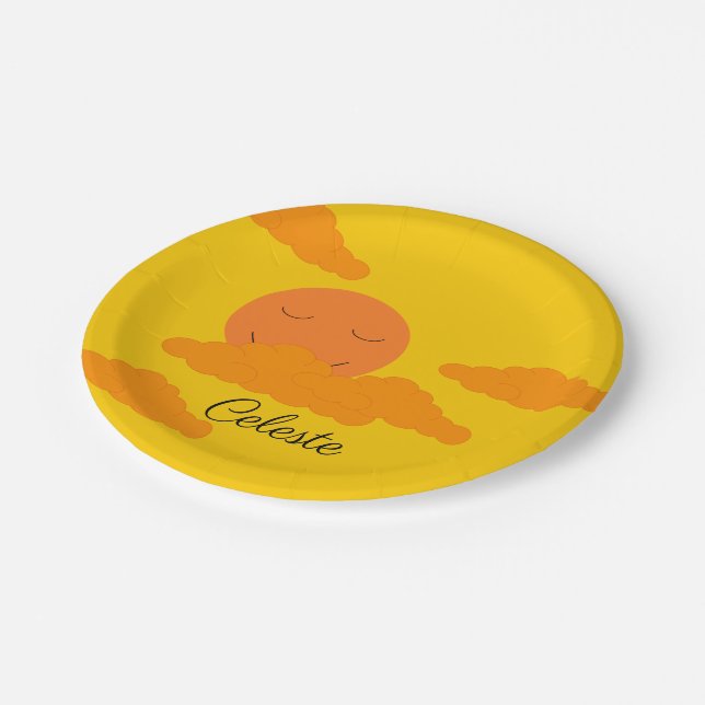 Plato De Papel Sol naranja en placas de papel del cielo dorado (Angular)