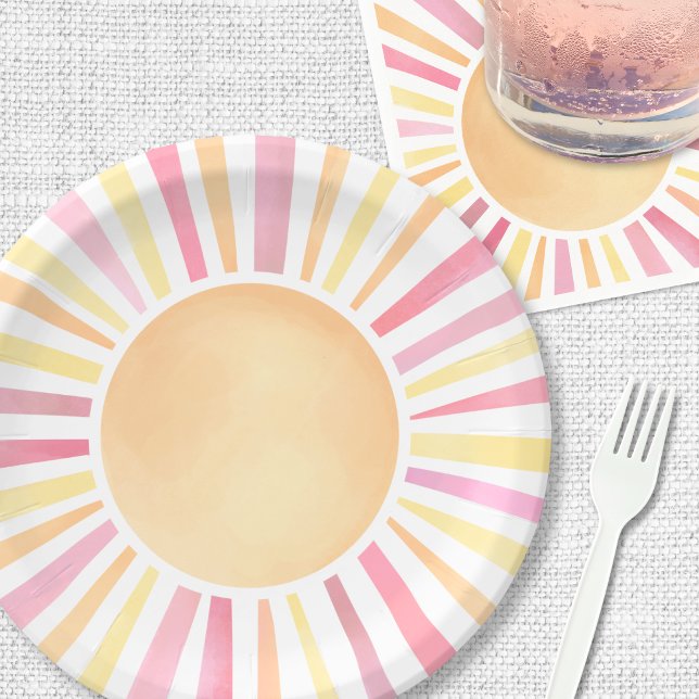 Plato De Papel Sol Rosa Sol (Sunshine Pink Sun Paper Plates)