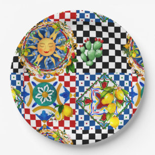 Plato De Papel Sol siciliano, limón, azulejos mediterráneos,