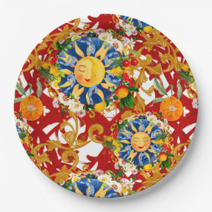 Plato De Papel Sol siciliano, media luna, verano, majólica, limón