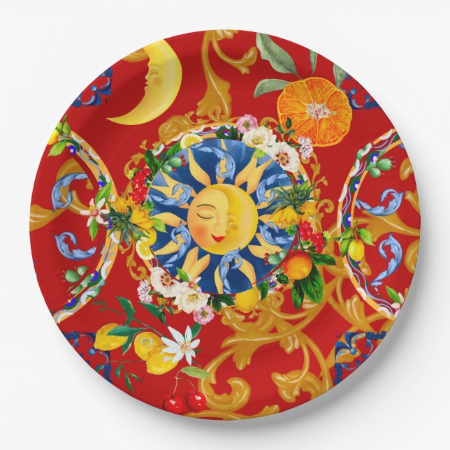 Plato De Papel Sol siciliano, media luna, verano, mayólica, arte  (Anverso)