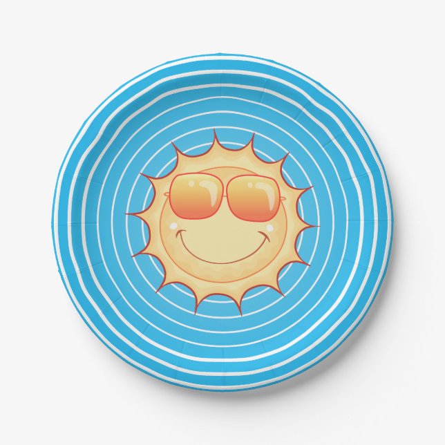 Plato De Papel Sol sonriente del cielo azul (Anverso)