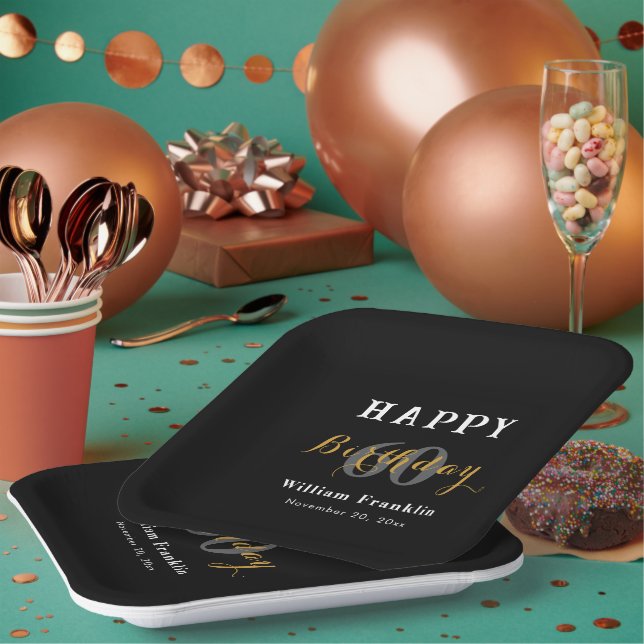 Plato De Papel Sólido Black 60th Birthday Party Celebration Squar (Multi)