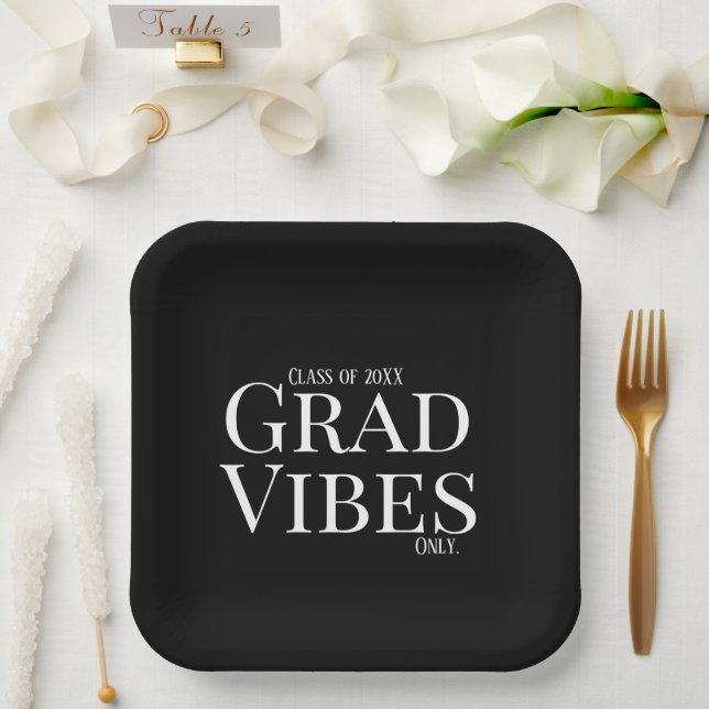 Plato De Papel Sólo vibraciones de graduación en blanco/negro (Boda)