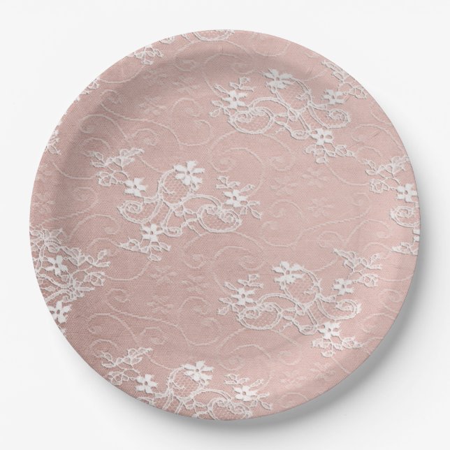 Plato De Papel Sombra de encaje rosa y blanco con placa de papel  (Anverso)
