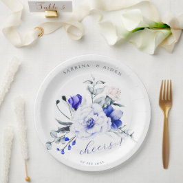 Plato De Papel Sombra Del Boda Floral De Marfil Azul Real