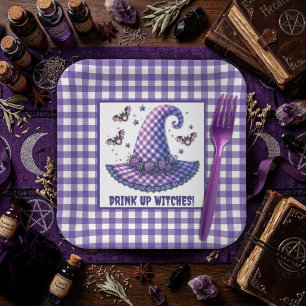 Plato De Papel Sombrero de Bruja de Halloween de Cuadros Purpura 