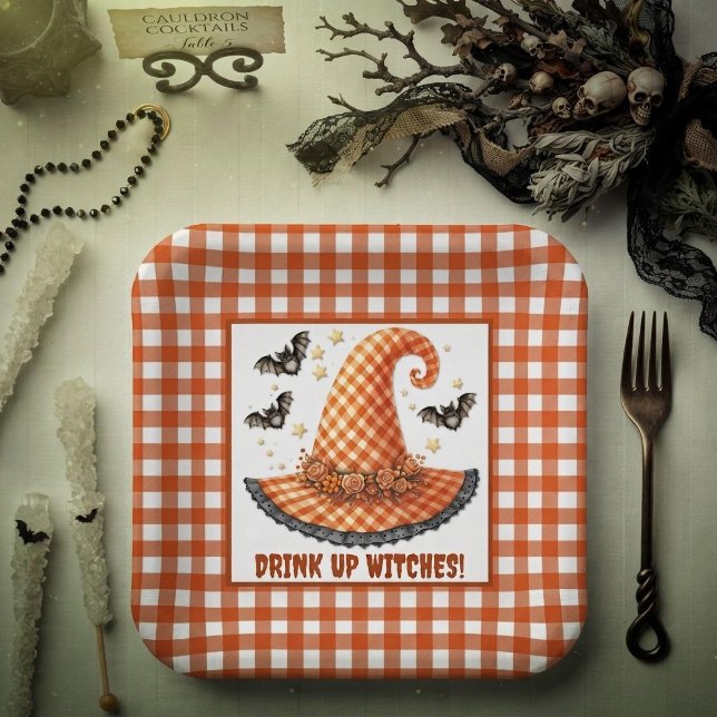 Plato De Papel Sombrero de Bruja de Halloween de Gingham Naranja  (Subido por el creador)