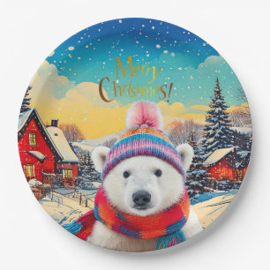 Plato De Papel Sombrero de oso polar y bufanda Feliz Navidad