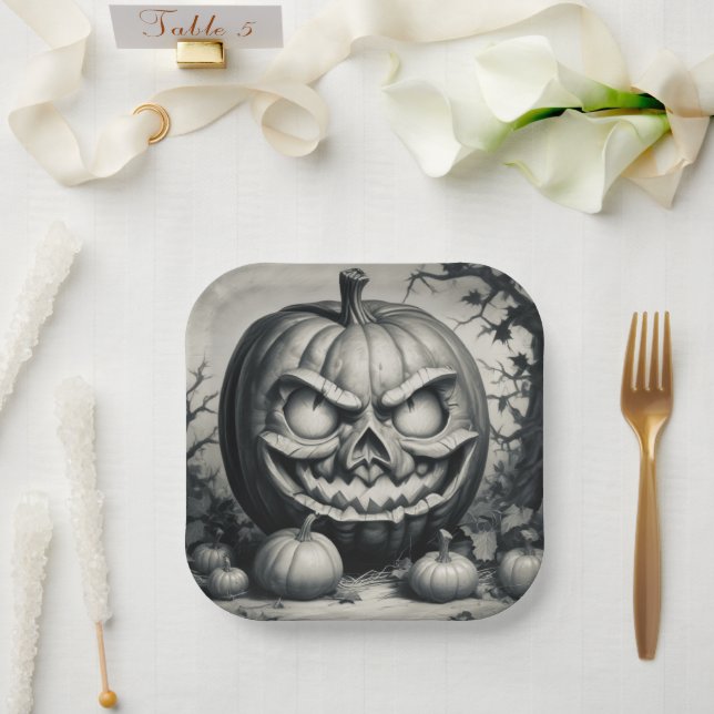 Plato De Papel Sombrío Jack-o'-lantern (Boda)