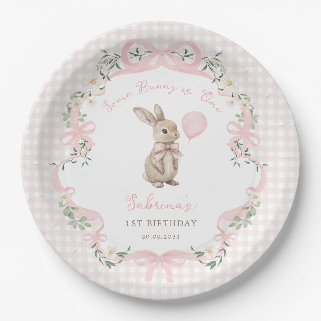 Plato De Papel Some Bunny is One: Pink Bow Gingham 1st Birthday (Anverso)