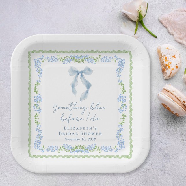 Plato De Papel Something Blue Bow Bridal Shower (Something Blue Bow Bridal Shower Paper Plates)