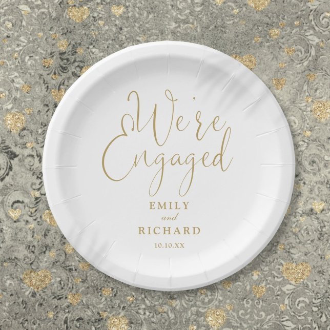 Plato De Papel Somos el Partido de Compromiso Comprometido Elegan (We're Engaged Engagement Party Elegant Gold Paper Plates)