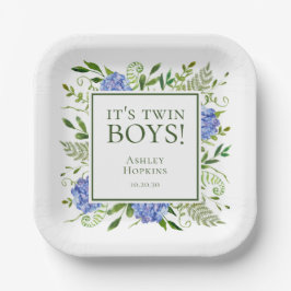 Plato De Papel Son dos niños gemelos azul Hydrangeas Boy Baby Sho