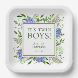 Plato De Papel Son dos niños gemelos azul Hydrangeas Boy Baby Sho