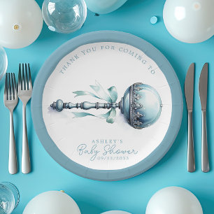 Plato De Papel Sonajero Azul Elegante para Niño Regalo para Baby