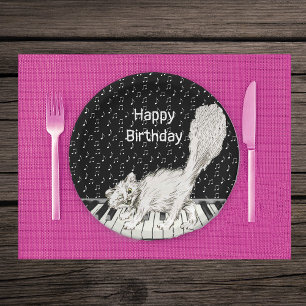 Plato De Papel Sonriente Gato blanco Winking en Piano Music Notes