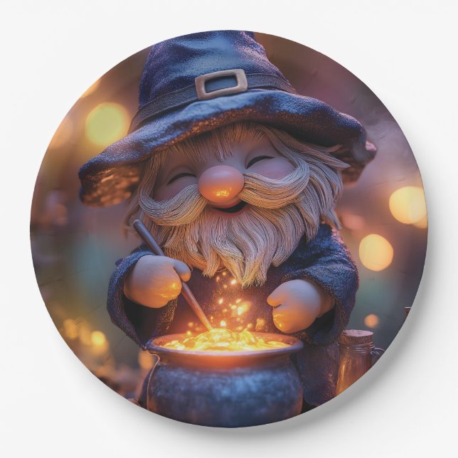 Plato De Papel Sonriente Gnome Stirring Magic Pot (Anverso)