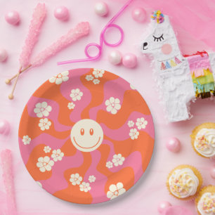 Plato De Papel Sonrisa - rosa, Naranja y crema