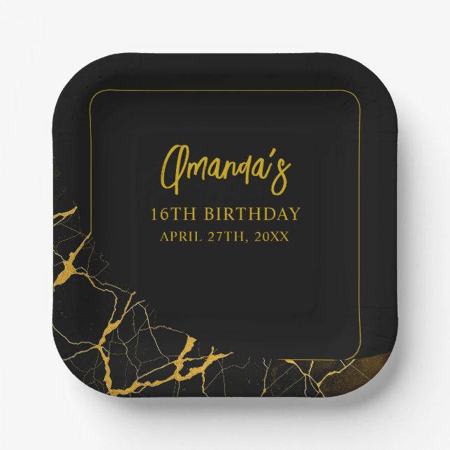 Plato De Papel Sorprendente dulce de mármol negro y oro 16 cumple (Anverso)