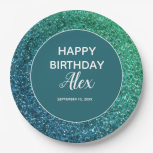 Plato De Papel Sorpresa de cumpleaños con brillo azul verdoso