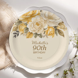 Plato De Papel Sorpresa floral elegante de marfil crema amarillo 