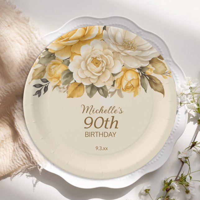 Plato De Papel Sorpresa floral elegante de marfil crema amarillo  (Yellow and cream floral 90th birthday party paper plates)