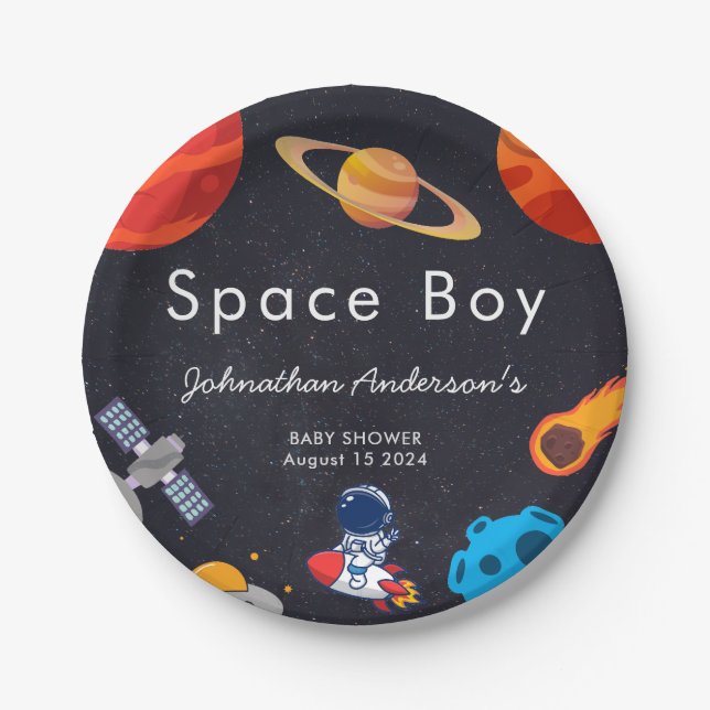 Plato De Papel Space Boy Planets Cute Astronauta Baby Shower (Anverso)