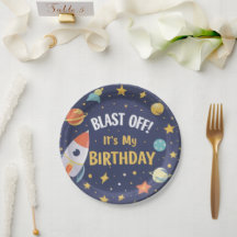 Space Rocket Kids Birthday Party Plates 