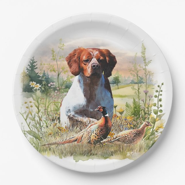 Plato De Papel Spaniel Bretón - Campo, Enfoque, Faisán, Arte (Anverso)