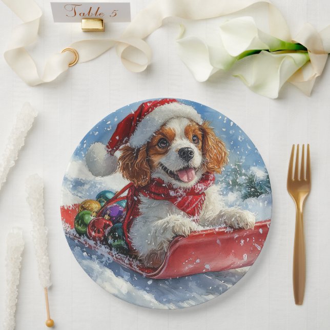 Plato De Papel Spaniel Cavalier King Charles Trineo Navidad (Boda)