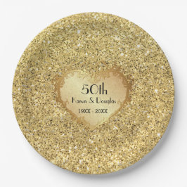 Plato De Papel Sparkle Gold Heart 50° Aniversario del Boda