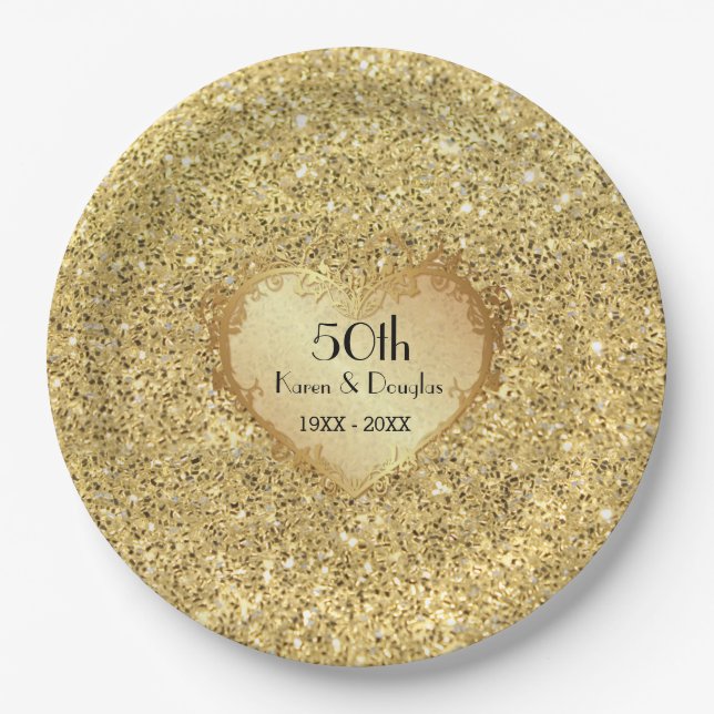 Plato De Papel Sparkle Gold Heart 50° Aniversario del Boda (Anverso)