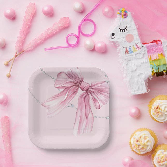 Plato De Papel Sparkle Pink Coquette Bow 1 (Fiesta)