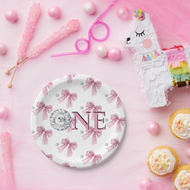 Plato De Papel Sparkle Pink Coquette Bow 1 (Fiesta)