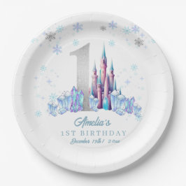 Plato De Papel Sparkle Silver Frozen Kingdom Castle 1º cumpleaños