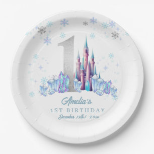 Plato De Papel Sparkle Silver Frozen Kingdom Castle 1º cumpleaños