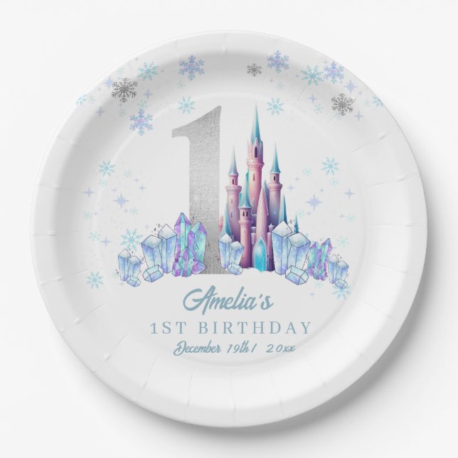 Plato De Papel Sparkle Silver Frozen Kingdom Castle 1º cumpleaños (Anverso)