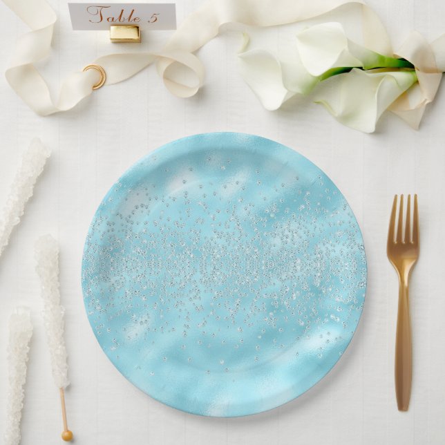 Plato De Papel Sparkles Jewels Bling Crystals Moda Pastel Azul (Boda)