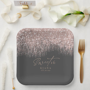 Plato De Papel Sparkles Sweet Dieciséis Rosas Gold/Black ID912