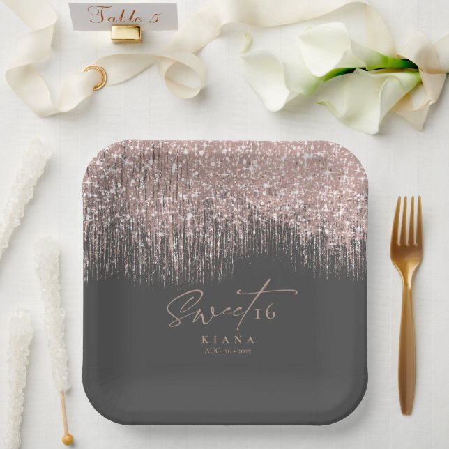 Plato De Papel Sparkles Sweet Dieciséis Rosas Gold/Black ID912 (Boda)