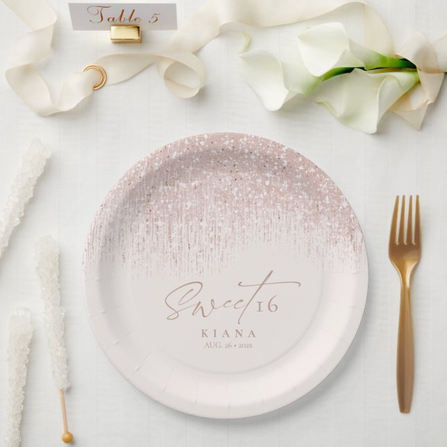 Plato De Papel Sparkles Sweet Dieciséis Rosas Gold ID912 (Boda)
