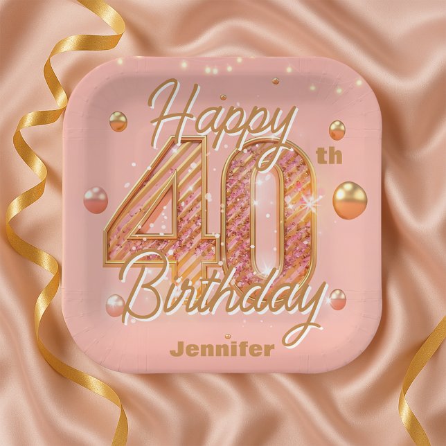 Plato De Papel Sparkling Blush Pink and Gold 40th Birthday (Subido por el creador)