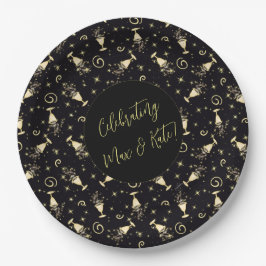Plato De Papel Sparkling Celebración Oro y Personalizable Negro