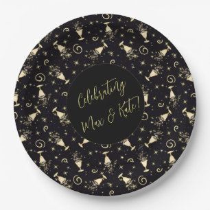 Plato De Papel Sparkling Celebración Oro y Personalizable Negro