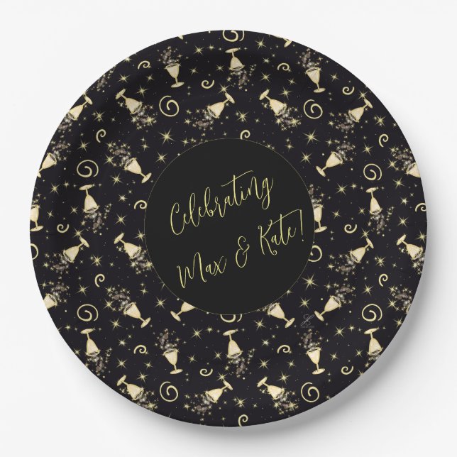 Plato De Papel Sparkling Celebración Oro y Personalizable Negro (Anverso)