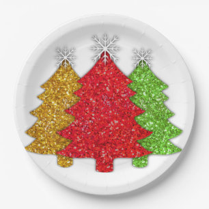 Plato De Papel Sparkling rojo dorado verde árbol de Navidad copo
