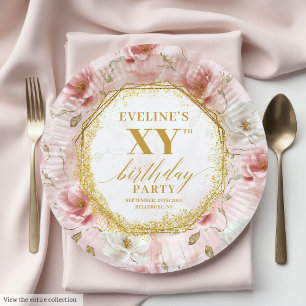 Plato De Papel Sparkling Rubor Floral Gold Birday Paper Placas